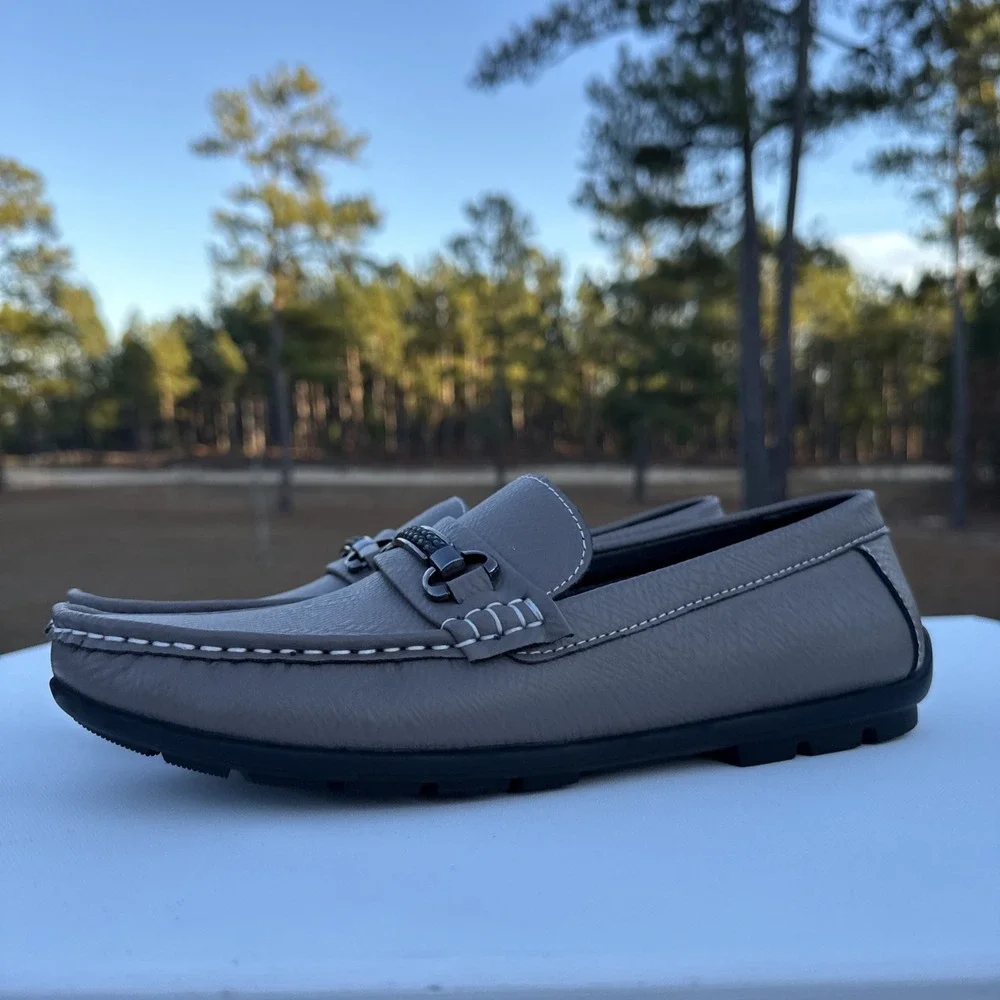 Greks Loafers Shoes Men 7 Gray Leather Penny Slip On Casual Low Profile Moccasin